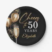 Cheers To 50 Years Black and Gold Balloons ペーパープレート (正面)