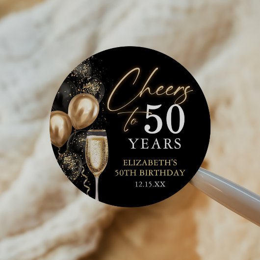 Cheers To 50 Years Black and Gold Balloons ラウンドシール