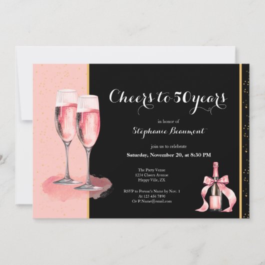 Cheers to 50 Years Black Champagne Birthday 招待状 (正面)