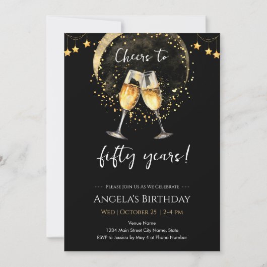 Cheers to 50th Birthday Black and Gold 招待状 (正面)