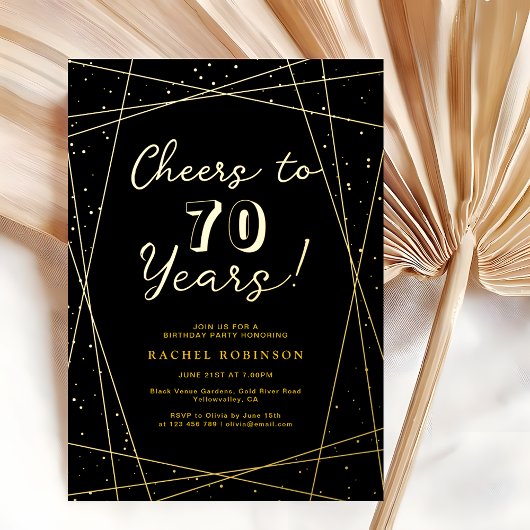 Cheers to 70 Years Birthday Party Black & Gold 箔招待状