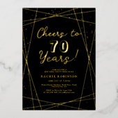 Cheers to 70 Years Birthday Party Black & Gold 箔招待状 (正面)