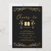 Cheers to 80 Years Birthday Party Black & Gold 招待状 (正面)