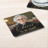 Cheers to 90 Years Birthday Photo Gold Black スクエアペーパーコースター (アングル)