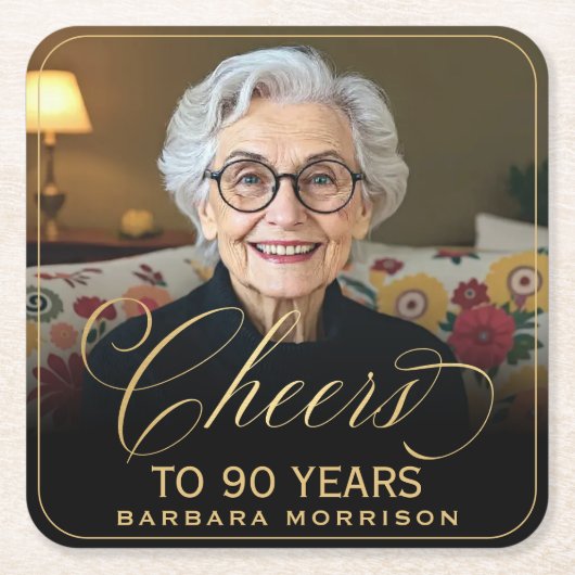 Cheers to 90 Years Birthday Photo Gold Black スクエアペーパーコースター (正面)