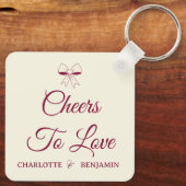 Cheers To Love Burgundy Script Ivory Bow Wedding キーホルダー (裏面)