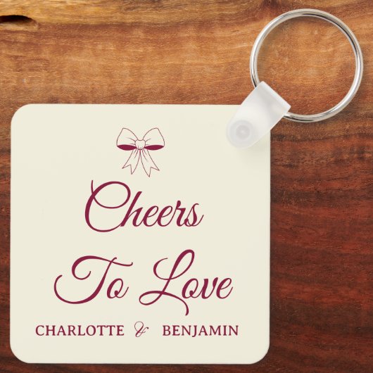 Cheers To Love Burgundy Script Ivory Bow Wedding キーホルダー (裏面)