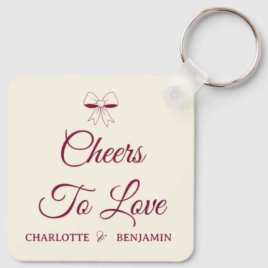 Cheers To Love Burgundy Script Ivory Bow Wedding キーホルダー (裏面)