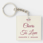 Cheers To Love Burgundy Script Ivory Bow Wedding キーホルダー (正面)