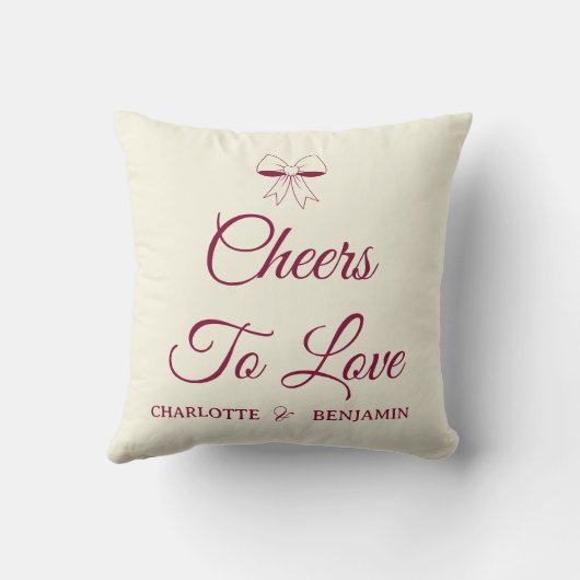 Cheers To Love Burgundy Script Ivory Bow Wedding クッション (裏面)