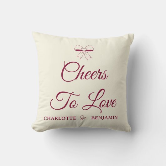 Cheers To Love Burgundy Script Ivory Bow Wedding クッション (正面)