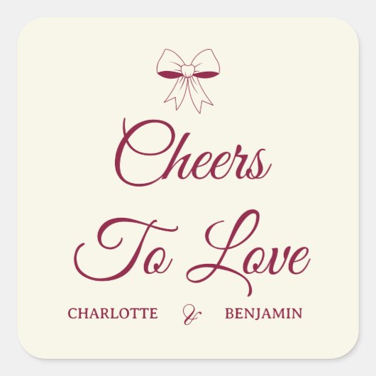 Cheers To Love Burgundy Script Ivory Bow Wedding スクエアシール (正面)