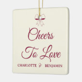 Cheers To Love Burgundy Script Ivory Bow Wedding セラミックオーナメント (左)