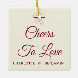 Cheers To Love Burgundy Script Ivory Bow Wedding セラミックオーナメント