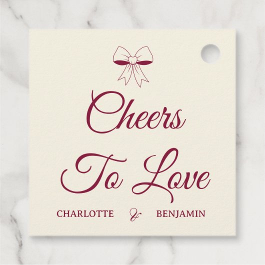 Cheers To Love Burgundy Script Ivory Bow Wedding フェイバータグ (裏面)