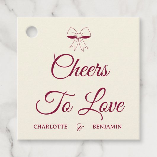 Cheers To Love Burgundy Script Ivory Bow Wedding フェイバータグ (正面)