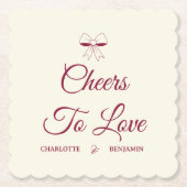 Cheers To Love Burgundy Script Ivory Bow Wedding ペーパーコースター (正面)