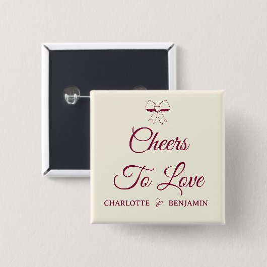 Cheers To Love Burgundy Script Ivory Bow Wedding 缶バッジ (正面&裏面)