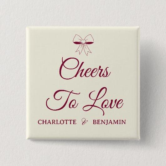 Cheers To Love Burgundy Script Ivory Bow Wedding 缶バッジ (正面)
