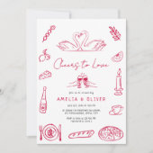 Cheers to Love Hand Drawn Retro Couple Shower 招待状 (正面)