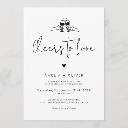 Cheers to Love Minimalist Script Retro Wedding 招待状 (正面)
