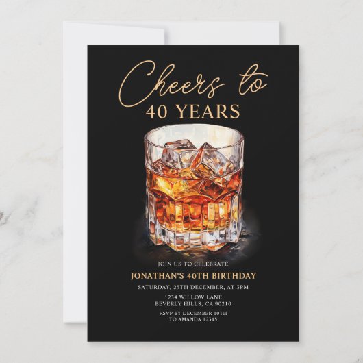 Cheers to Whiskey Adult Watercolor Birthday Party 招待状 (正面)