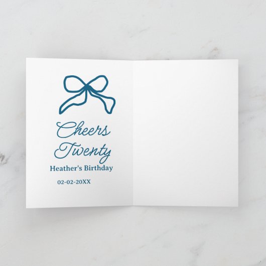 Cheers twenty blue birthday bow name date boho ret カード (内部)