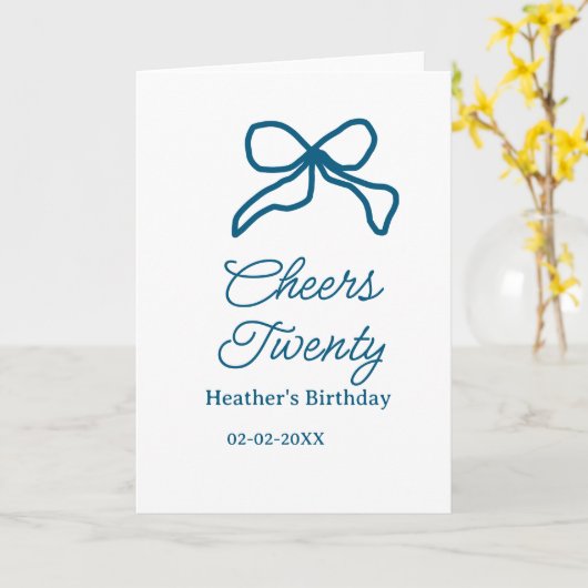 Cheers twenty blue birthday bow name date boho ret カード (黄色い花)