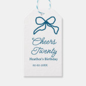Cheers twenty blue birthday bow name date boho ret ギフトタグ (正面)