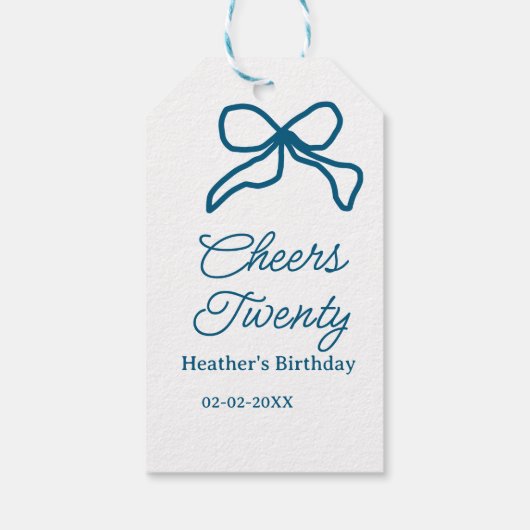 Cheers twenty blue birthday bow name date boho ret ギフトタグ (裏面)