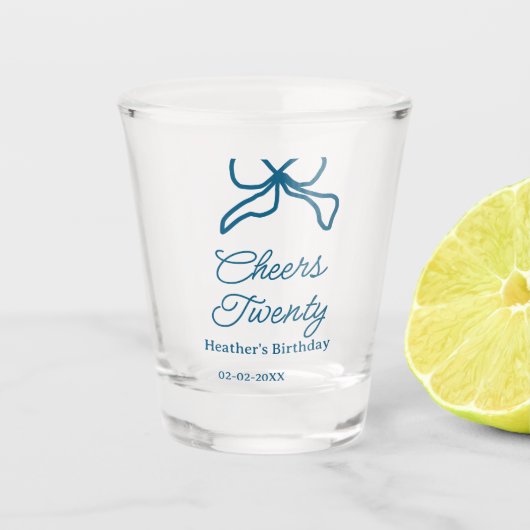 Cheers twenty blue birthday bow name date boho ret ショットグラス (正面)