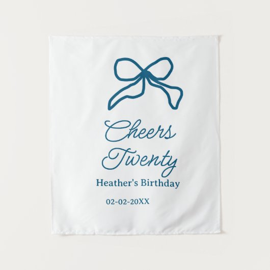 Cheers twenty blue birthday bow name date boho ret タペストリー (正面)
