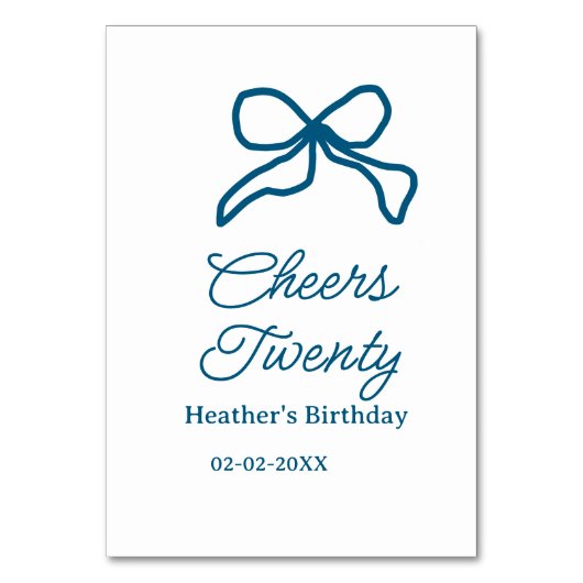 Cheers twenty blue birthday bow name date boho ret テーブルナンバー (正面)