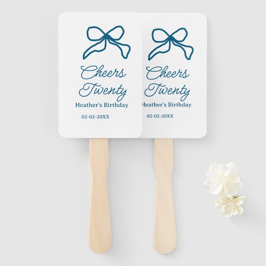 Cheers twenty blue birthday bow name date boho ret ハンドファン (正面&裏面)