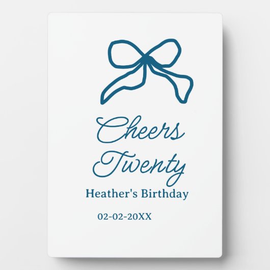 Cheers twenty blue birthday bow name date boho ret フォトプラーク (正面)
