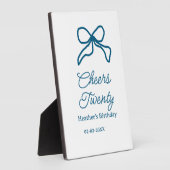 Cheers twenty blue birthday bow name date boho ret フォトプラーク (側面)
