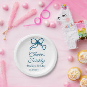 Cheers twenty blue birthday bow name date boho ret ペーパープレート (パーティー)