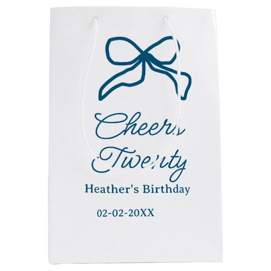 Cheers twenty blue birthday bow name date boho ret ミディアムペーパーバッグ (正面)
