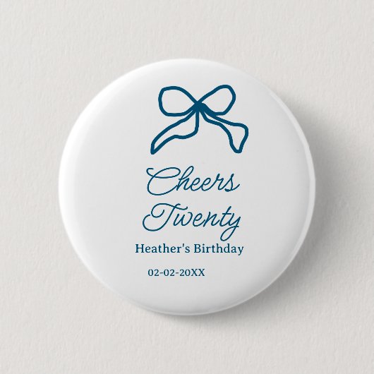 Cheers twenty blue birthday bow name date boho ret 缶バッジ (正面)