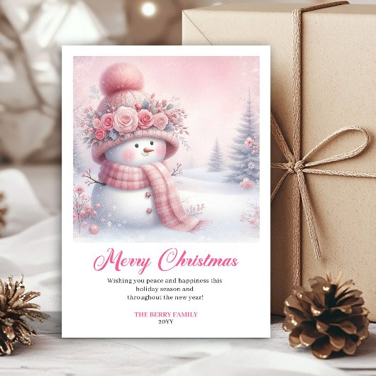 Cheery pink snowman kids greeting card printable シーズンカード