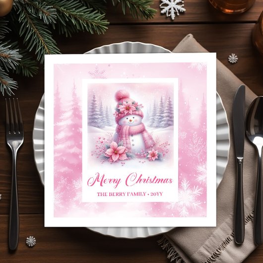 Cheery Winter Forest Pink Snowman Christmas Napkin スタンダードカクテルナプキン