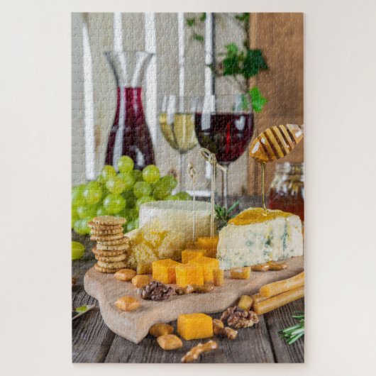Cheese Wine Honey Walnuts Grapes Crackers Food ジグソーパズル (縦)
