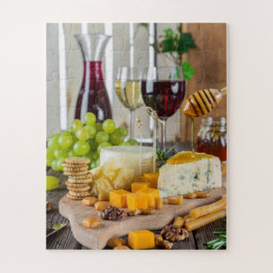 Cheese Wine Honey Walnuts Grapes Crackers Food ジグソーパズル