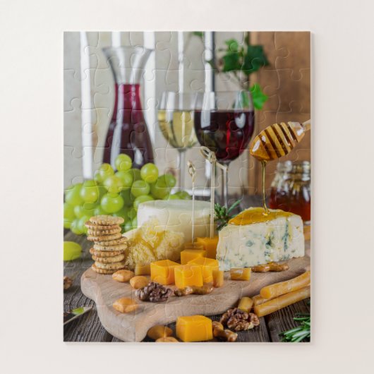 Cheese Wine Honey Walnuts Grapes Crackers Food ジグソーパズル (縦)