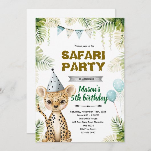 Cheetah Birthday Party Invitation 招待状 (正面/裏面)