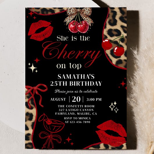 Cheetah Coquette Cherry On Top Birthday Invitation 招待状