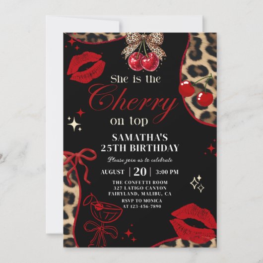 Cheetah Coquette Cherry On Top Birthday Invitation 招待状 (正面)