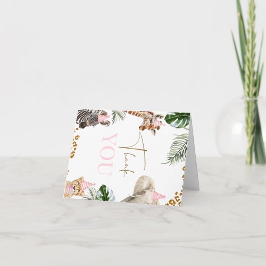 Cheetah Print Girls Safari Wild One 1st Birthday サンキューカード (正面)