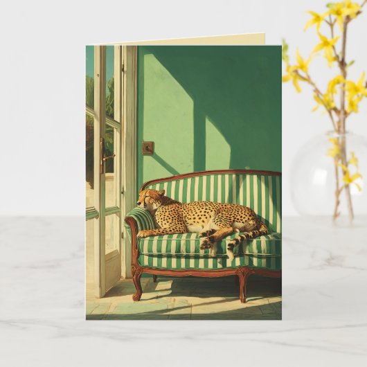 Cheetah Resting in Sunlit Room カード (黄色い花)