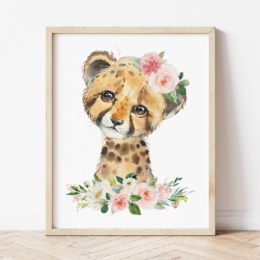 Cheetah, Safari, Pink Flowers, Girl Nursery ポスター
